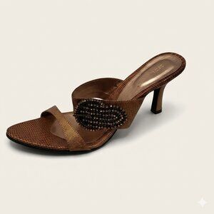 Rhinestone Bronze Snakeskin Slip On High Heels